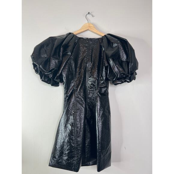 NWT A.L.C. Park Crinkled Faux Leather Puff Sleeve Lined Mini Dress Black Size: 0 - Picture 7 of 8